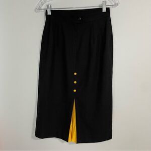 Vintage La Redoute Collection Black MIDI Skirt Pleated Yellow on Back Size 8